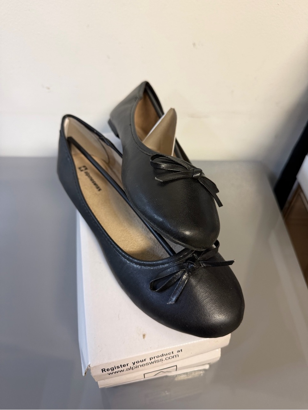 Alpine Swiss Black Faux-Leather Ballet Flats with Bow
